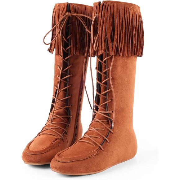⚡Women's Brown Lace Up Suede Knee High Flat Boots with Zipper Mid Calf - Picture 1 of 6